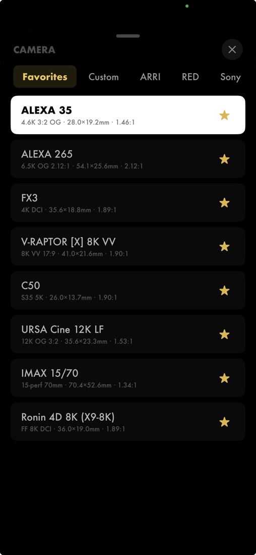 Camera picker Favorites tab with saved body and mode pairs