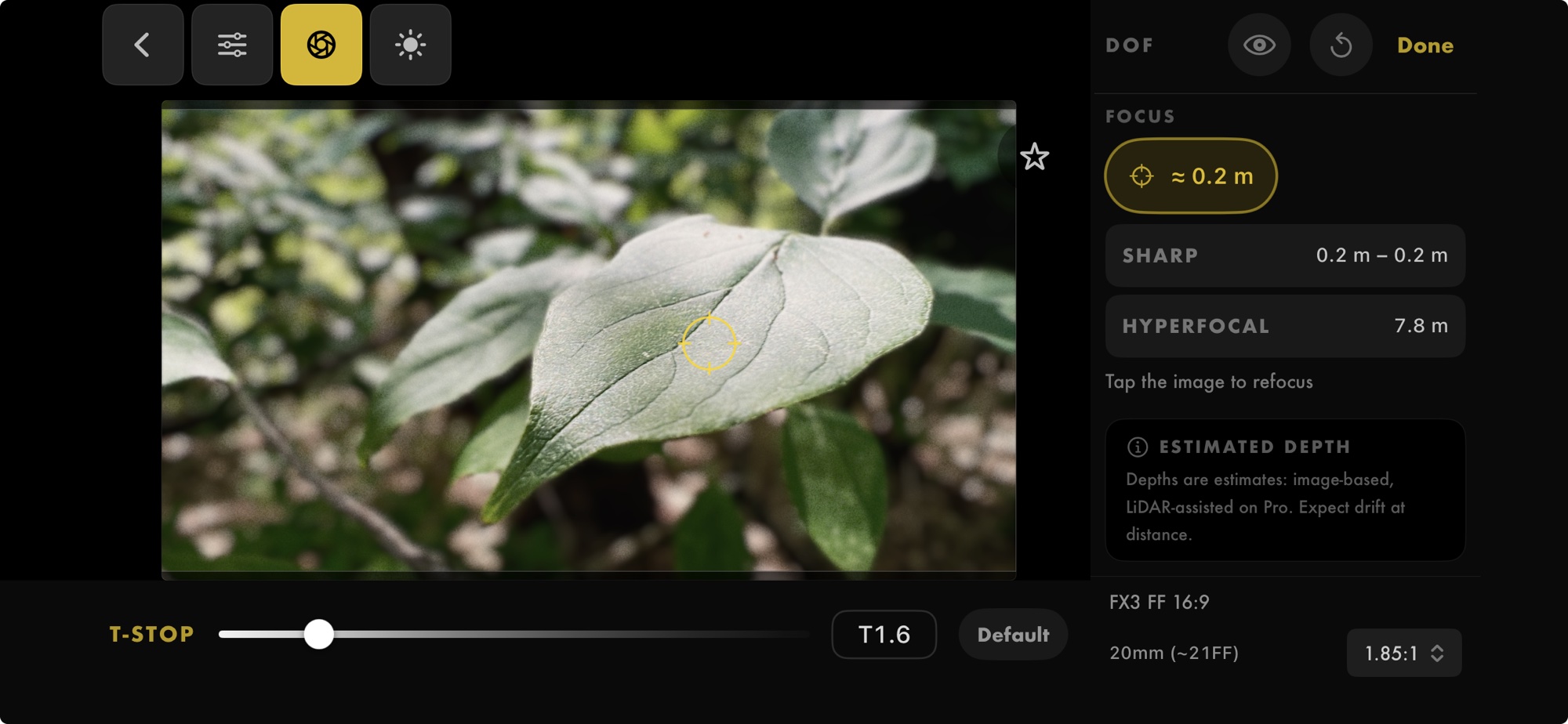 Gallery DOF tool: focus, sharp span, and hyperfocal readouts with a T-stop wheel