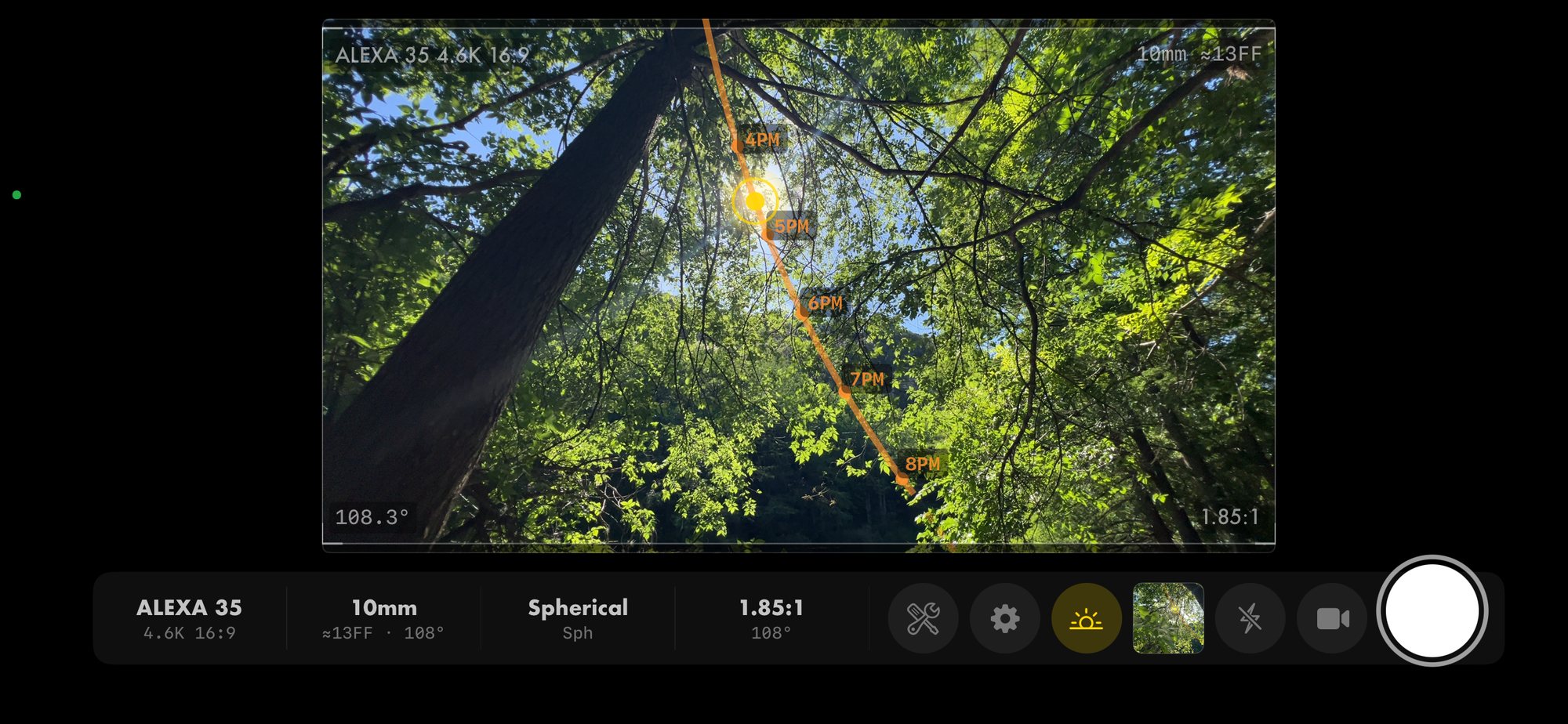 Skopos viewfinder with sun-arc overlay, ARRI ALEXA 35 at 1.85:1