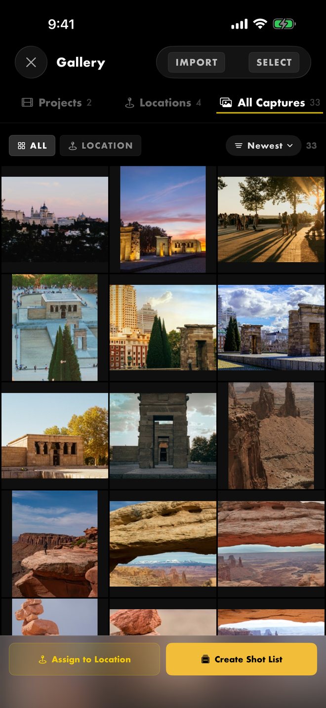 Captures gallery grid of scout photos with Assign to Location and Create Shot List actions