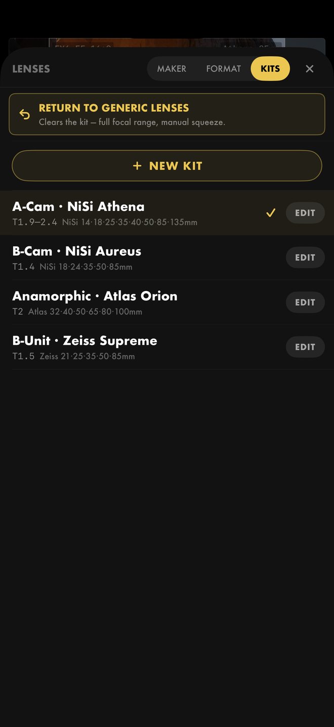 Lens kit picker listing A-Cam NiSi Athena, B-Cam NiSi Aureus, Anamorphic Atlas Orion, and B-Unit Zeiss Supreme