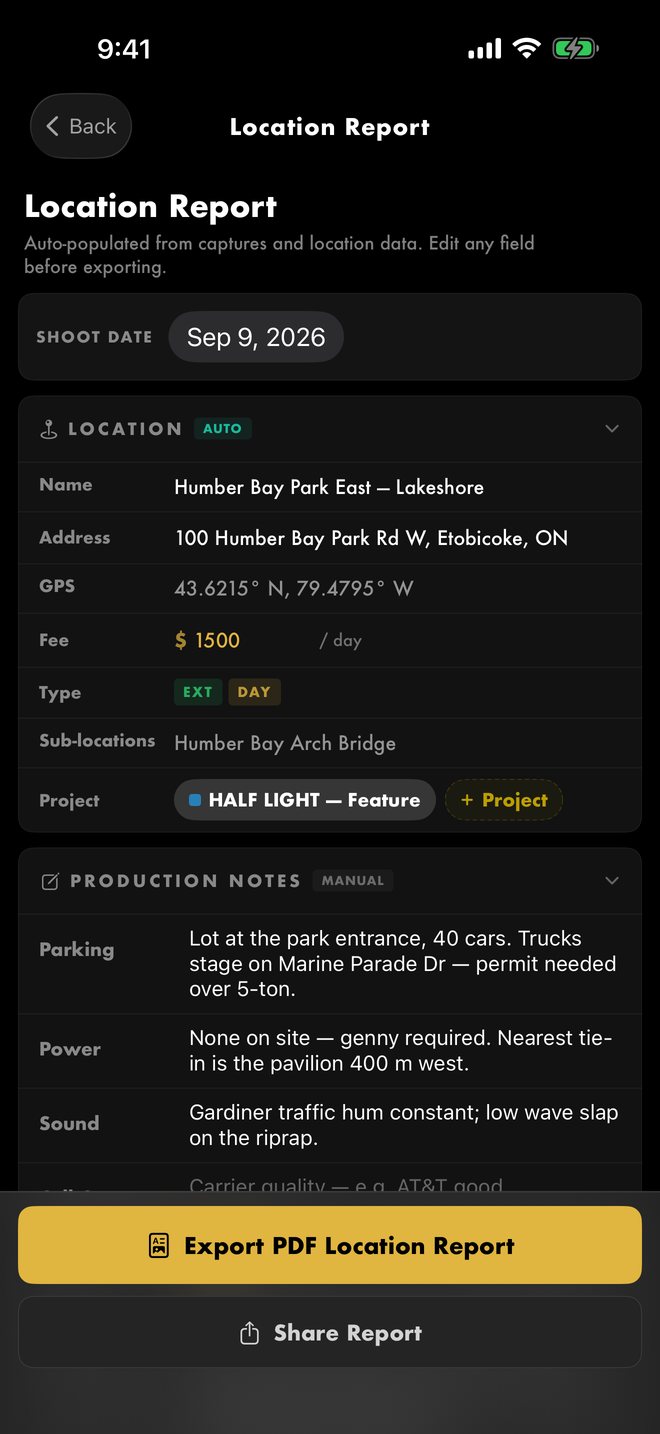 Location Report editor with shoot date, address, GPS, fee, production notes, and an Export PDF Location Report button