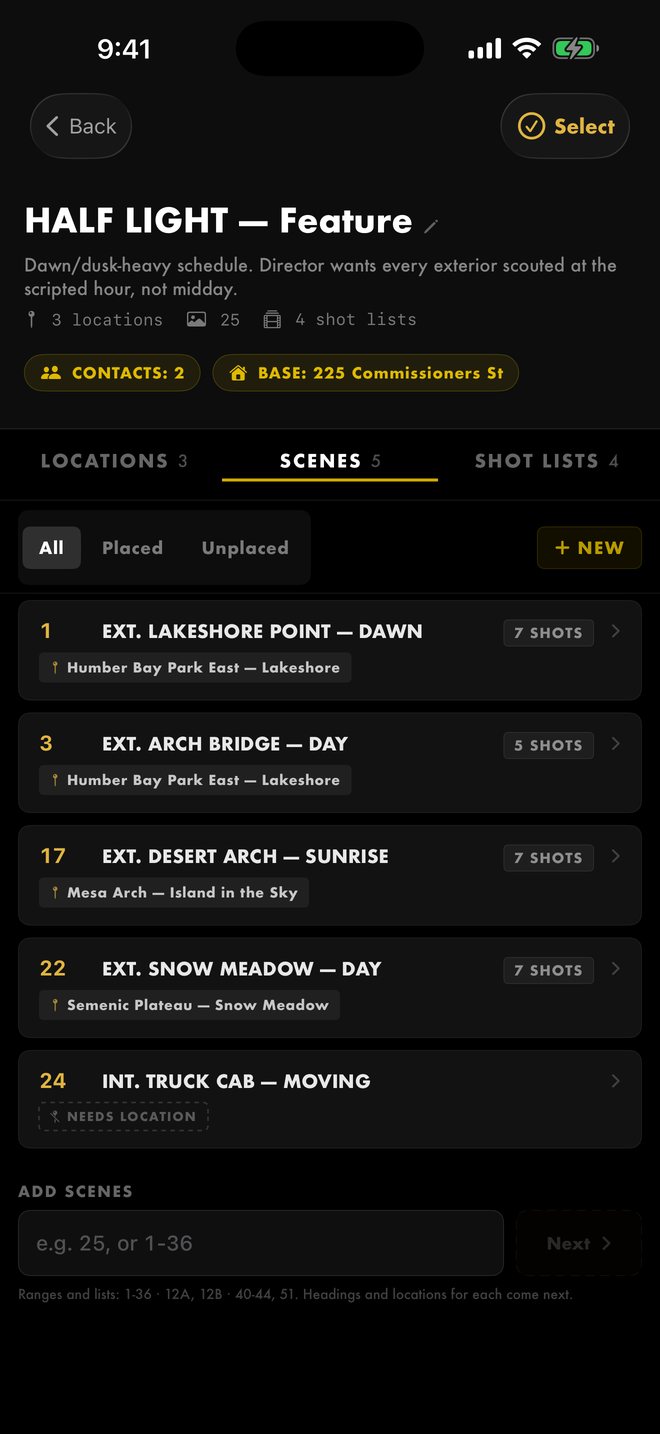 Project screen for HALF LIGHT listing scenes with their locations, contacts, and base