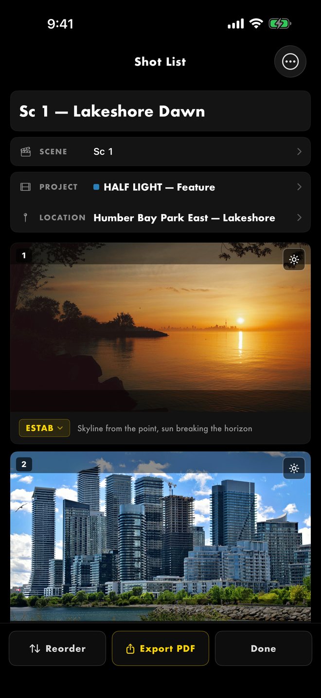 Shot List for Sc 1 Lakeshore Dawn, tied to a project and location, with numbered shot photos