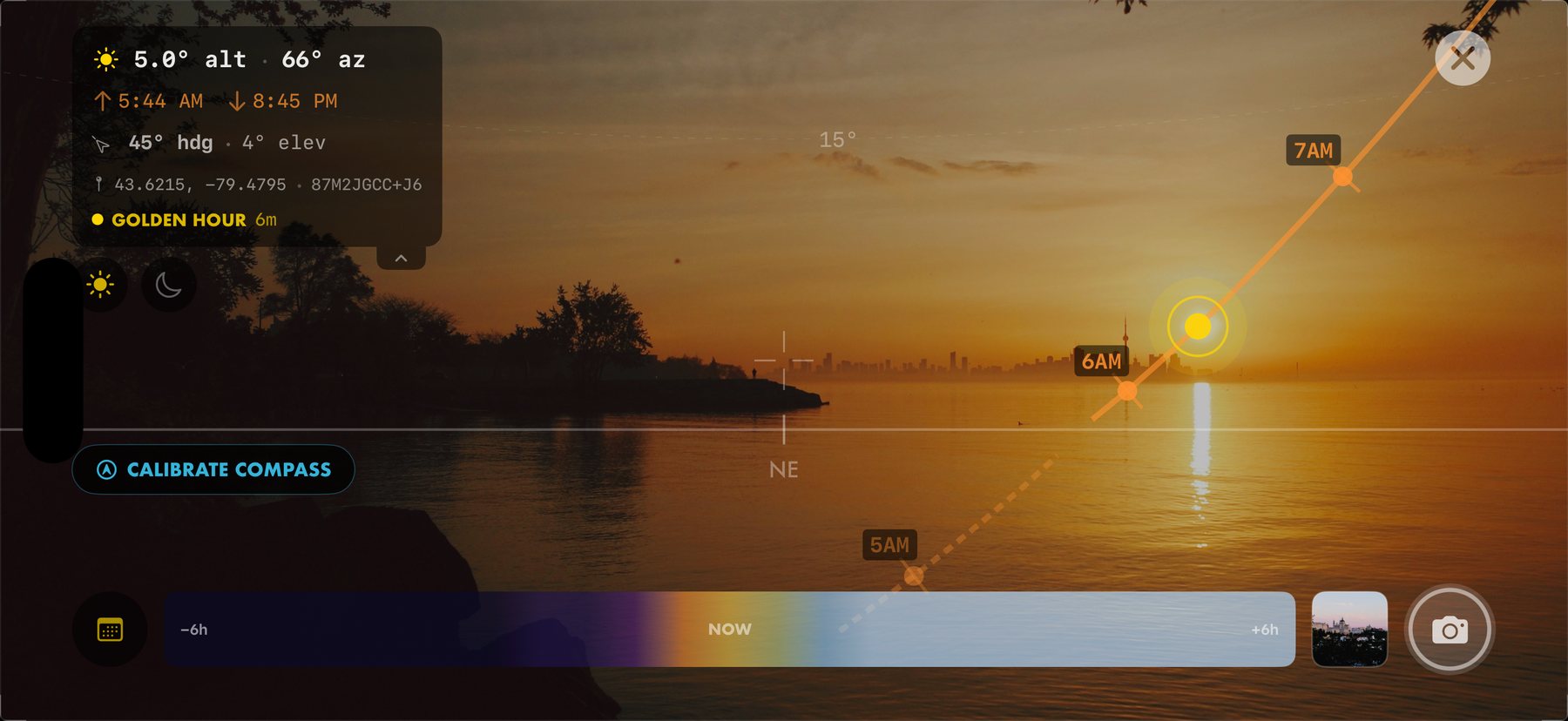 Sun Tracker: altitude and azimuth readout, sunrise and sunset times, golden hour, and the sun arc over the water with a time scrubber