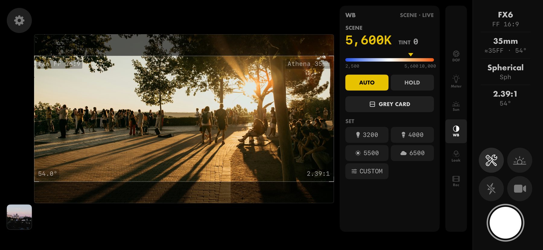 White Balance tool beside the viewfinder: scene reading 5,600K tint 0, Auto and Hold, Grey Card, and 3200 to 6500K presets